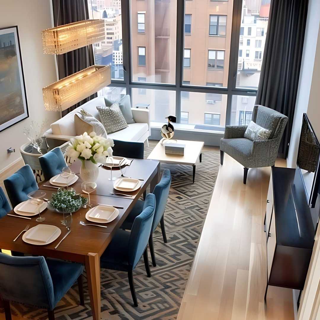 a dining table and a living room with a tv in apartment