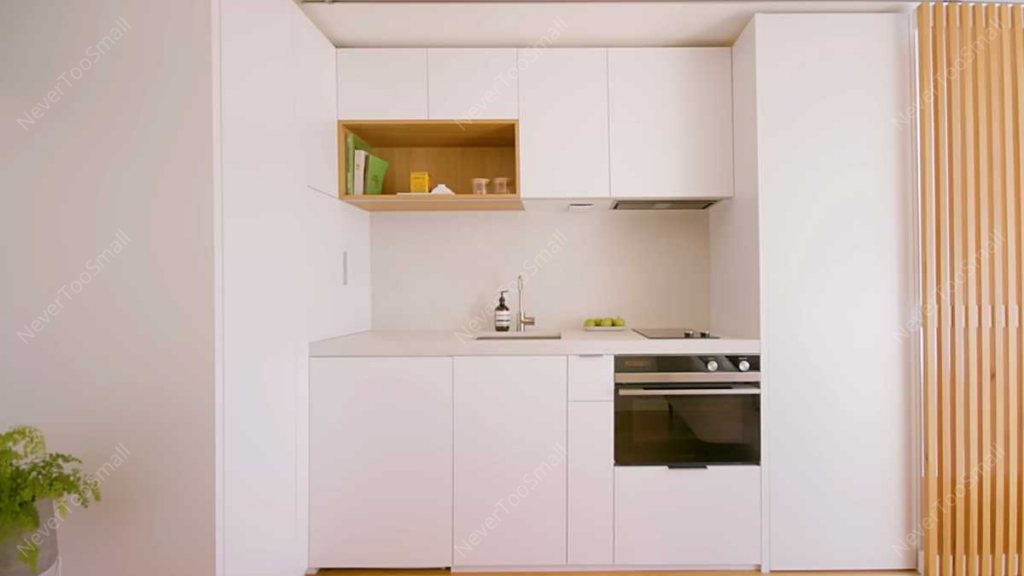 A kitchen with white cabinets