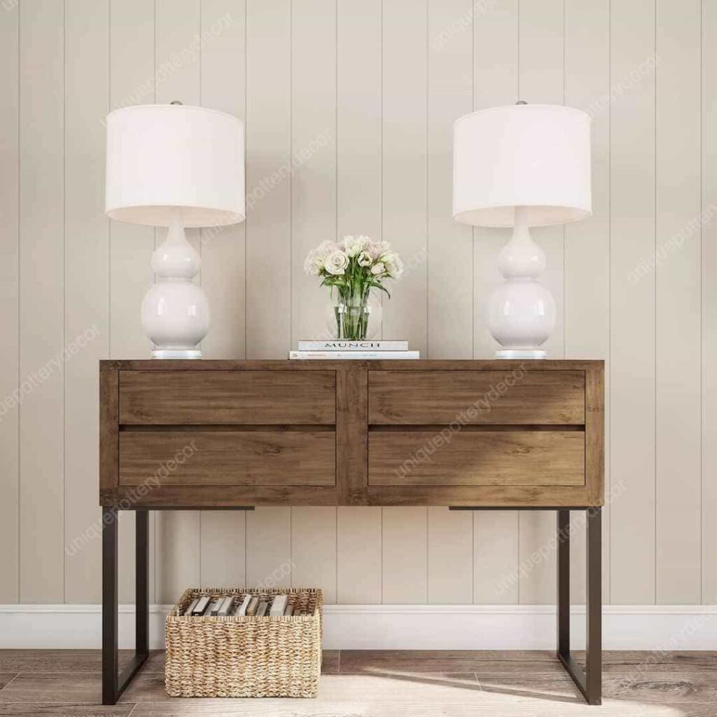 two Gourd Ceramic Table Lamps on a cabinet