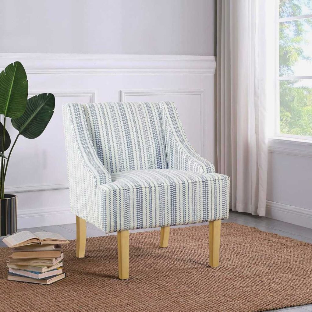 HomePop Velvet Swoop Arm Accent Chair, Blue and White farmhouse stripe