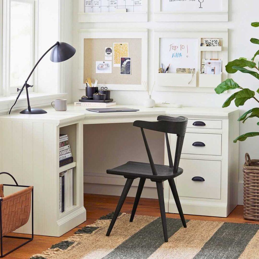 a home office layout in a room corner