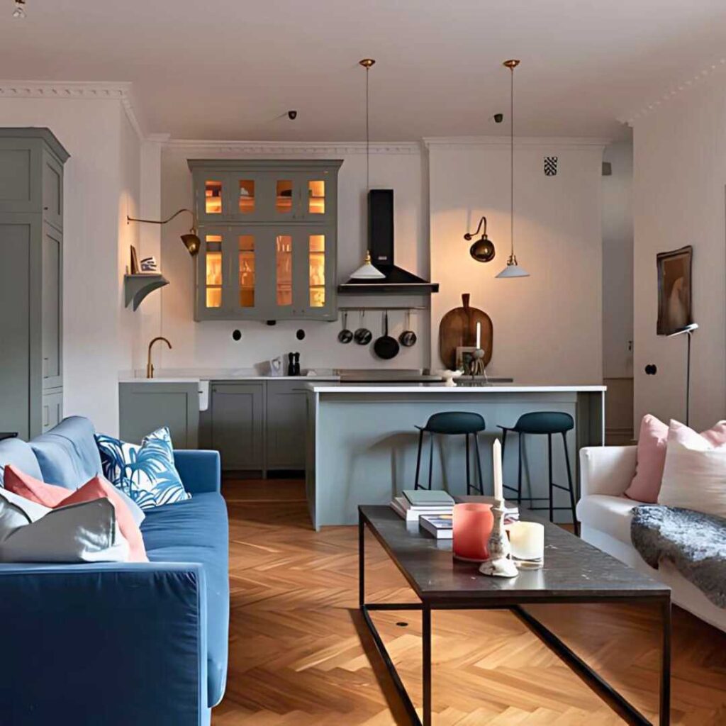 a kitchen island as dining area next to living room