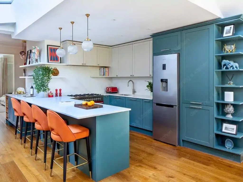 a kitchen with green and white cabinets