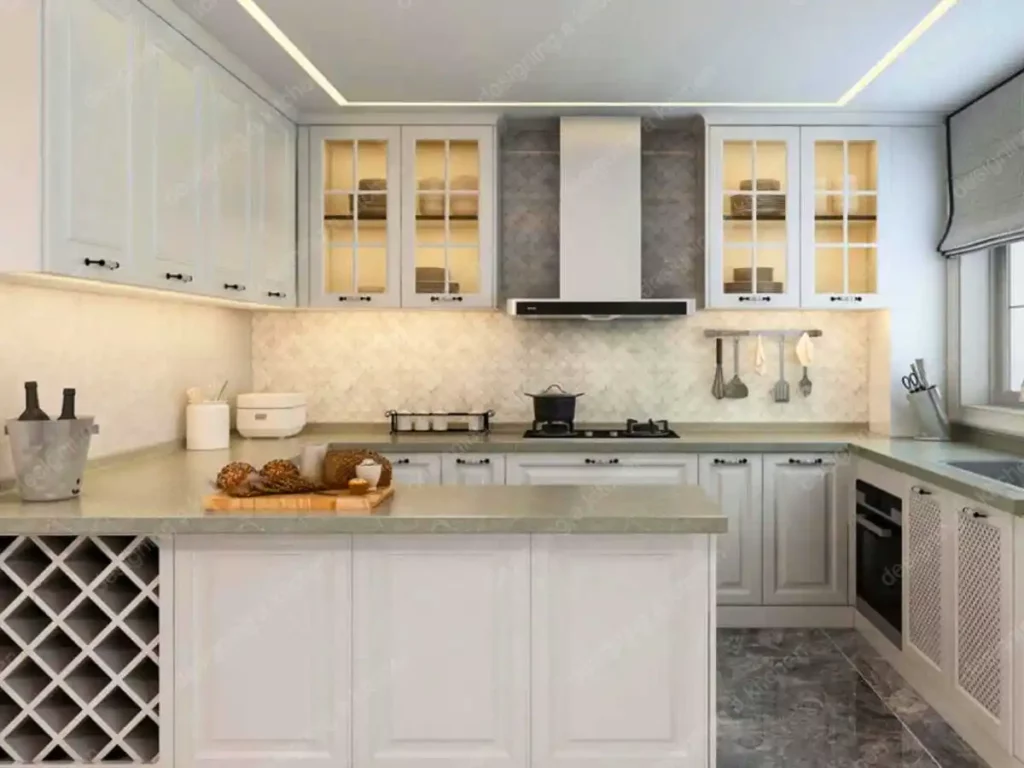 a kitchen with white cabinets