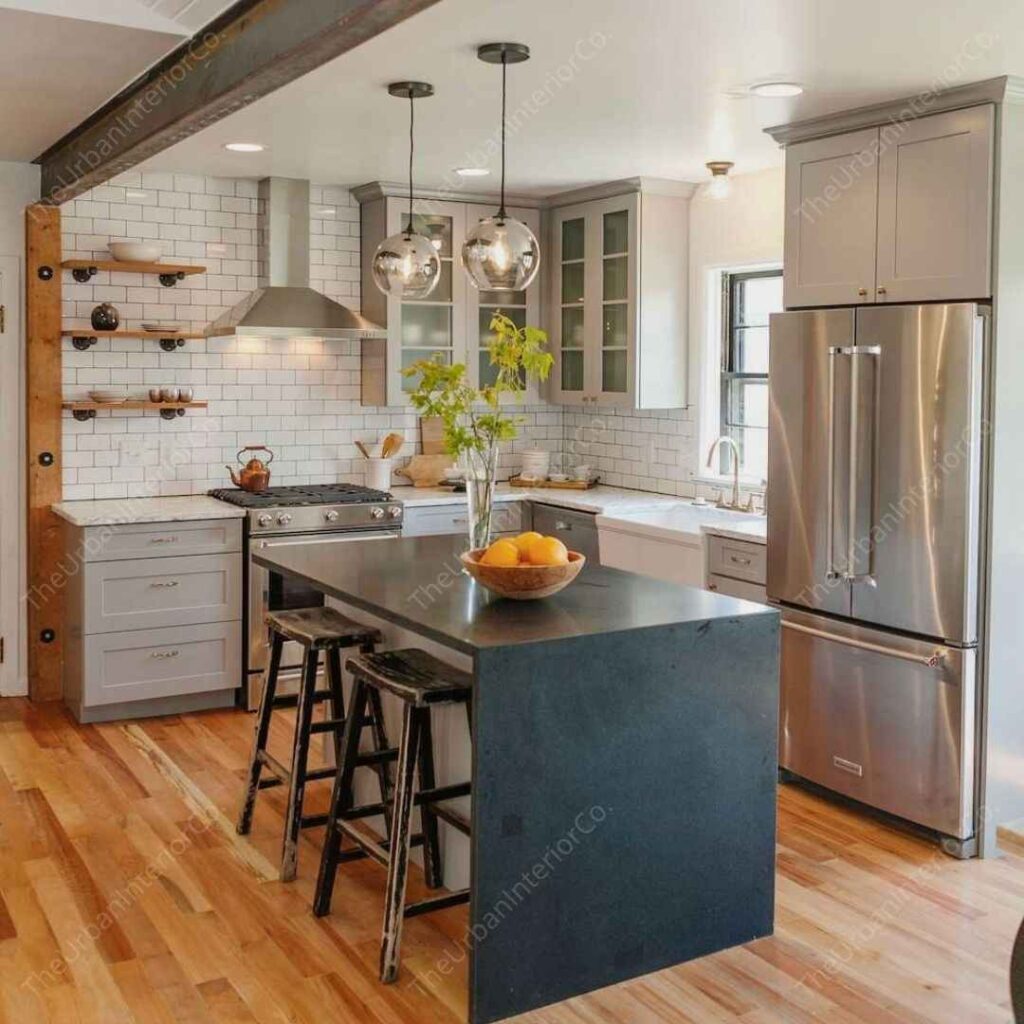 a small kitchen with recessed lighting