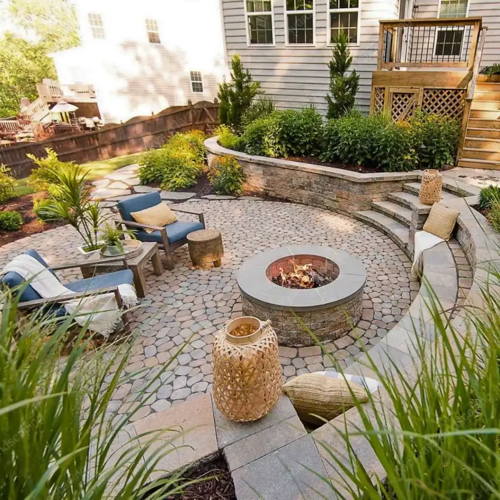 backyard with circular fire pit