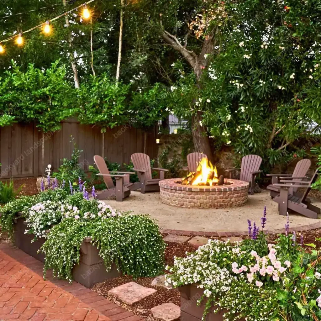 backyard with circular fire pit corner