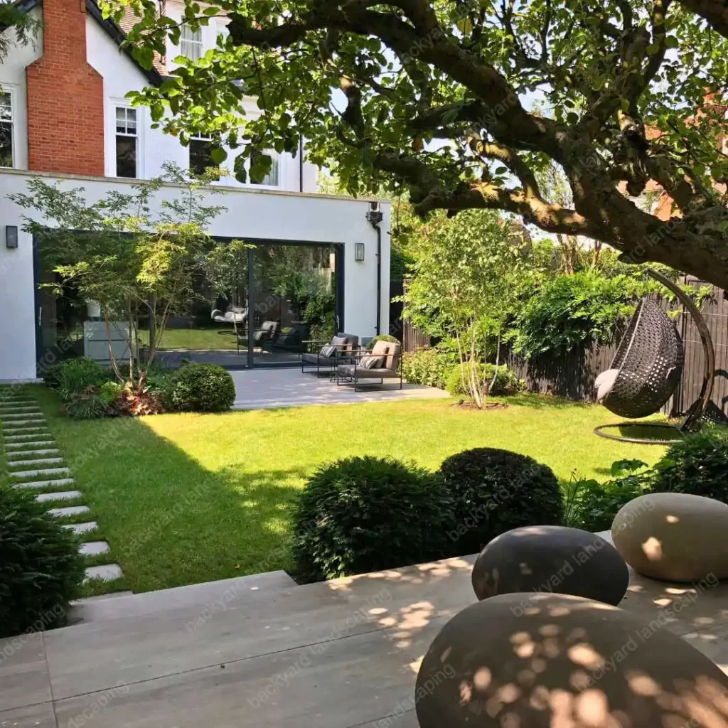 backyard with hanging chair