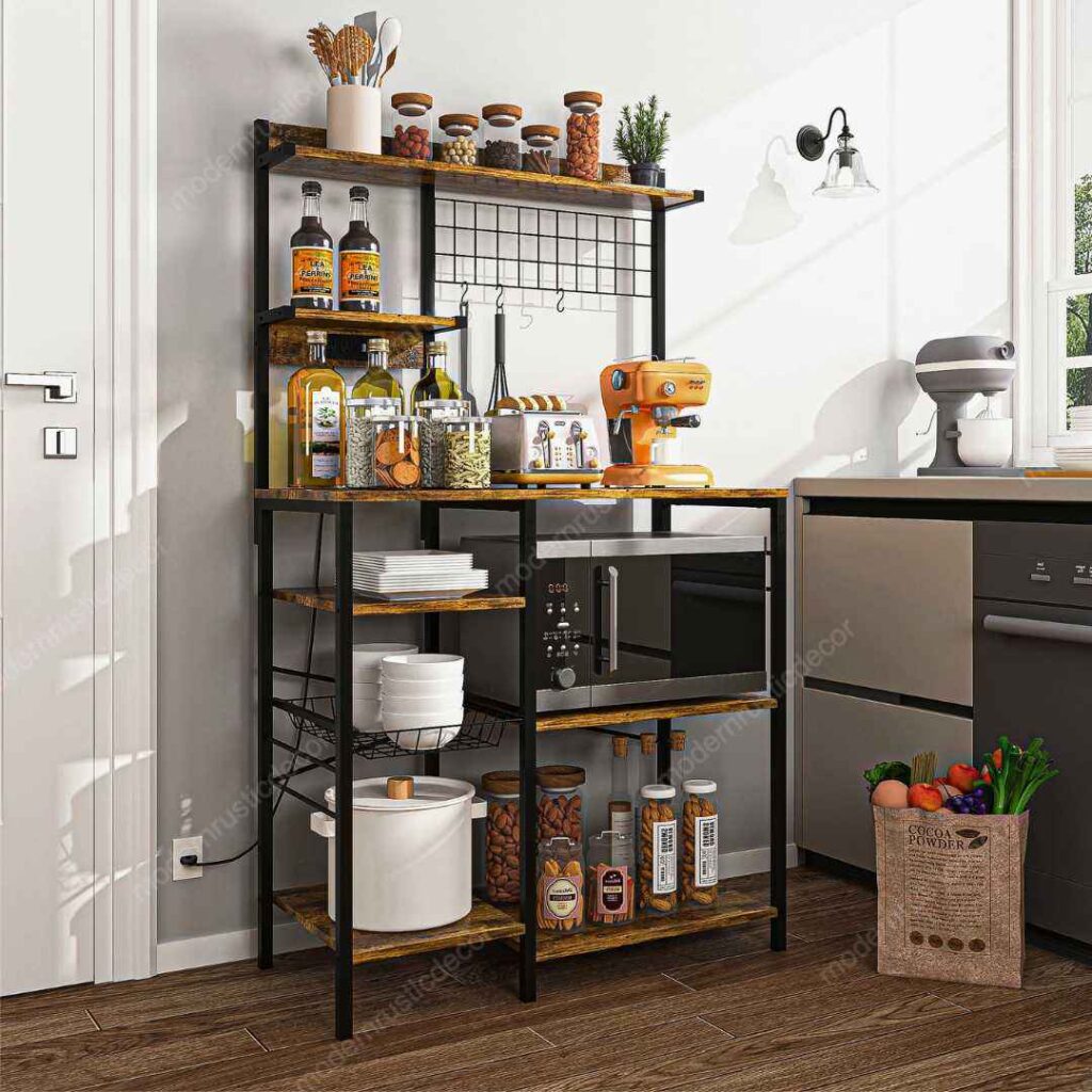 bakers rack in modern kitchen