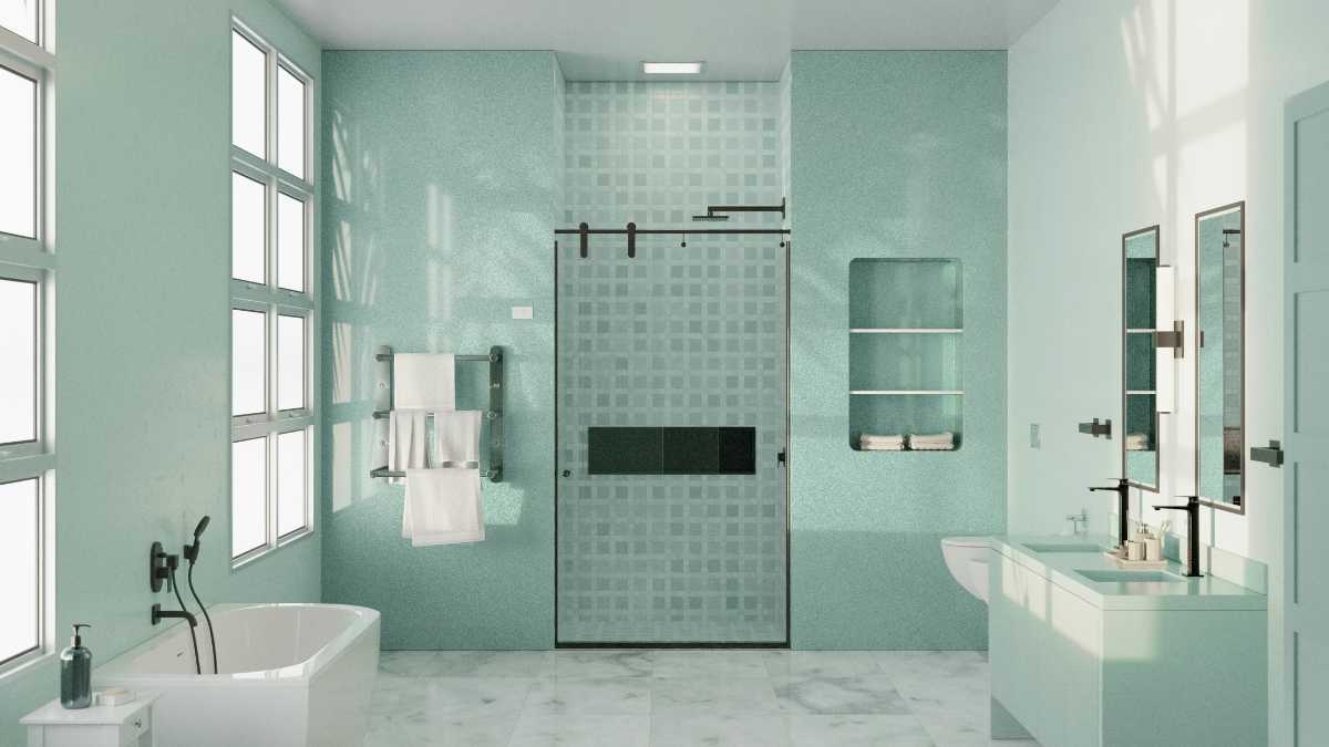 a green colored bathroom