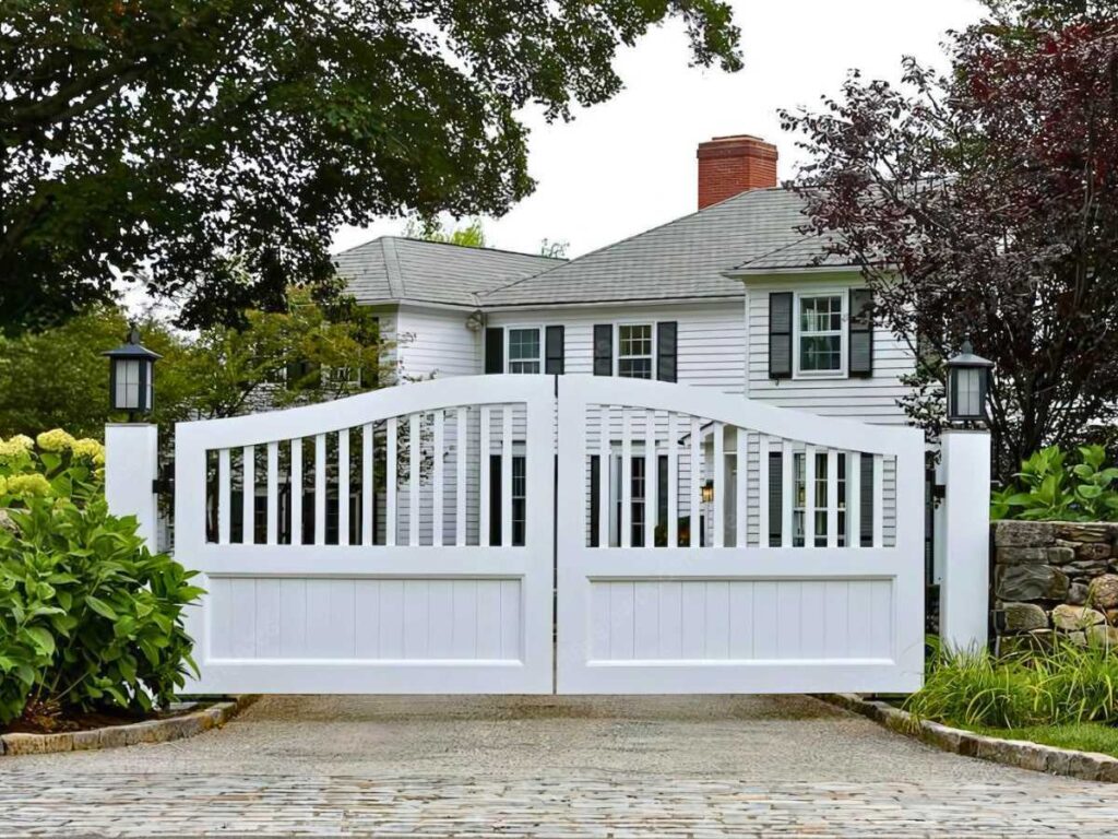 a colonial driveway wooden gate