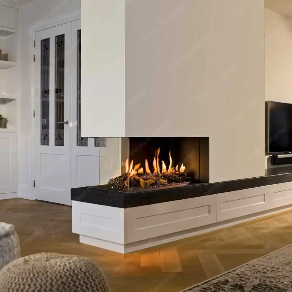 a peninsula style contemporary fireplace mantel