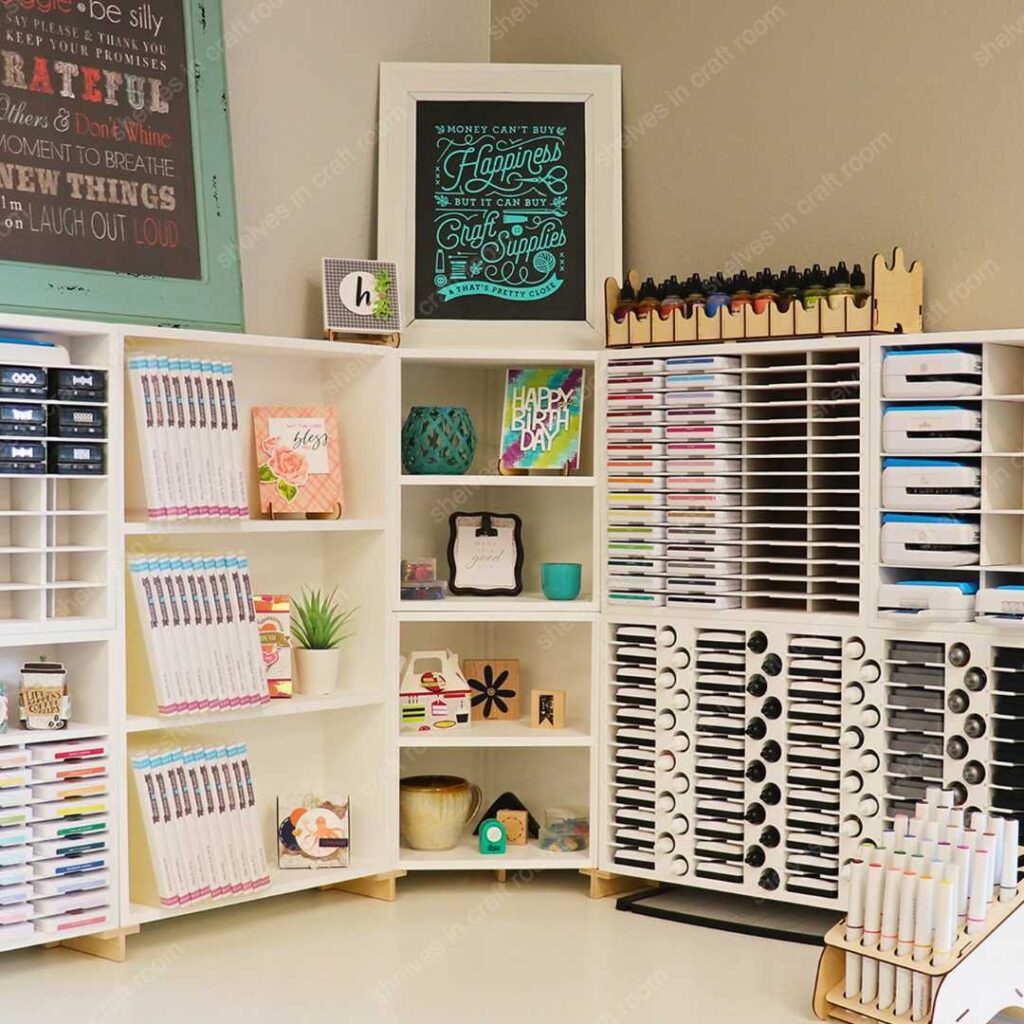 corner shelf in craft room