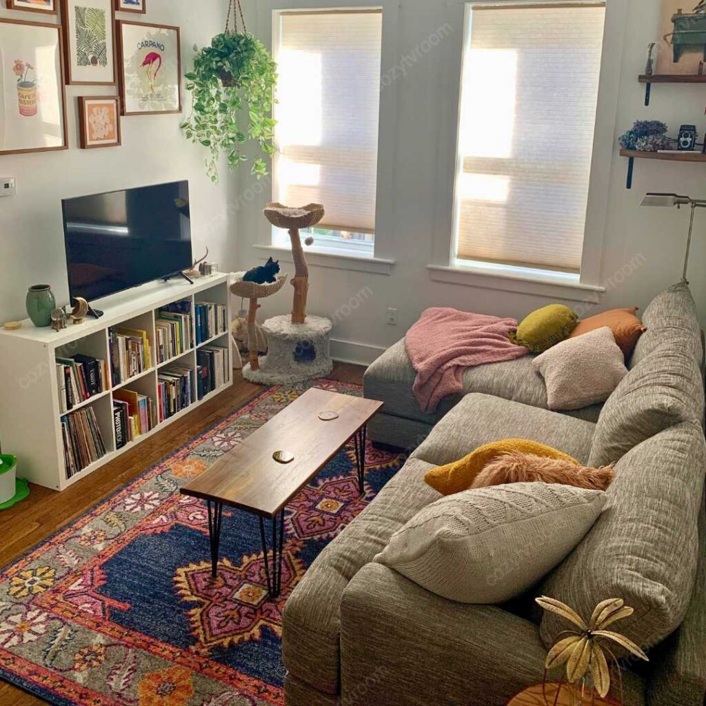 a cozy tv room setup with sectional couch