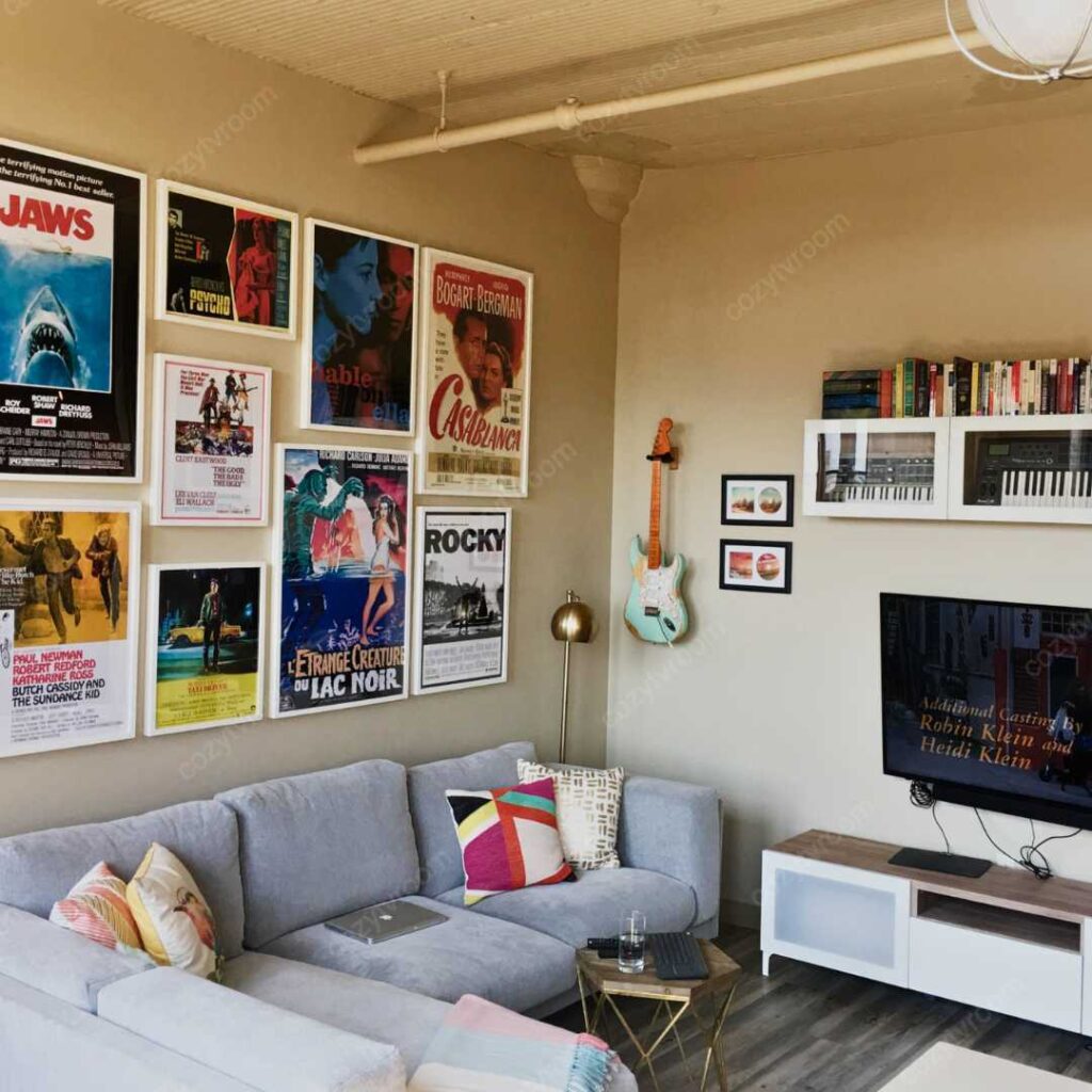 a cozy tv room setup with movie posters