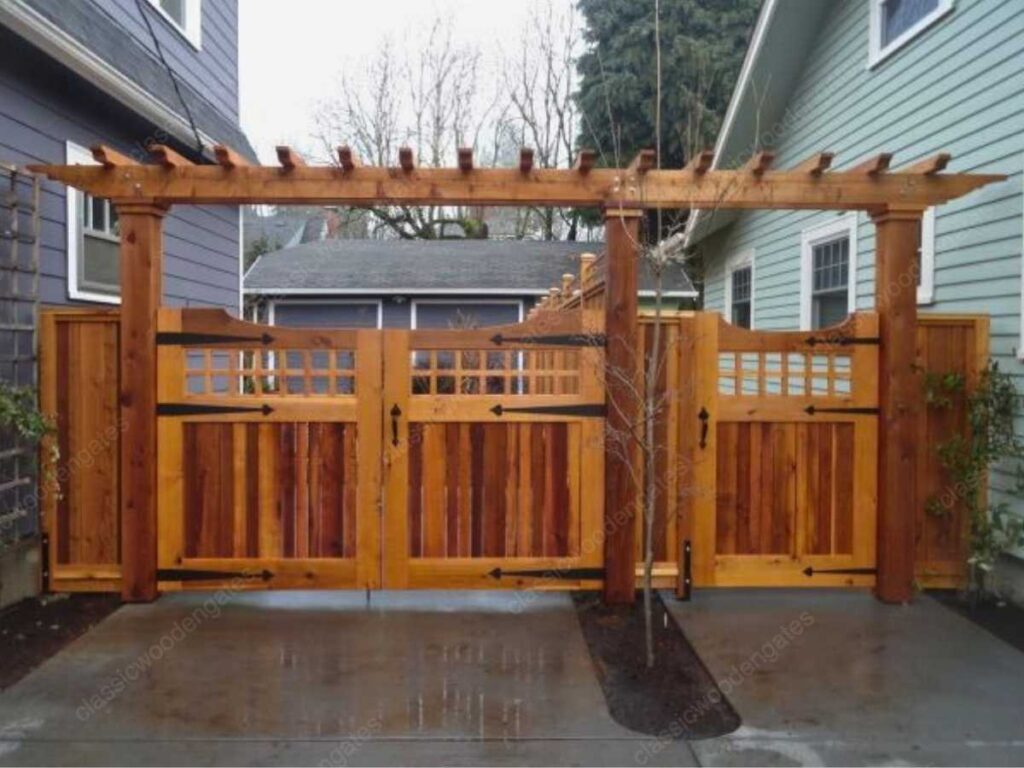 a craftman style driveway wooden gate