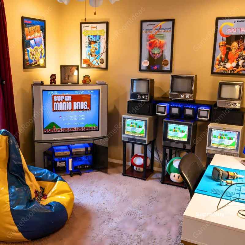 gaming room setup with retro corner