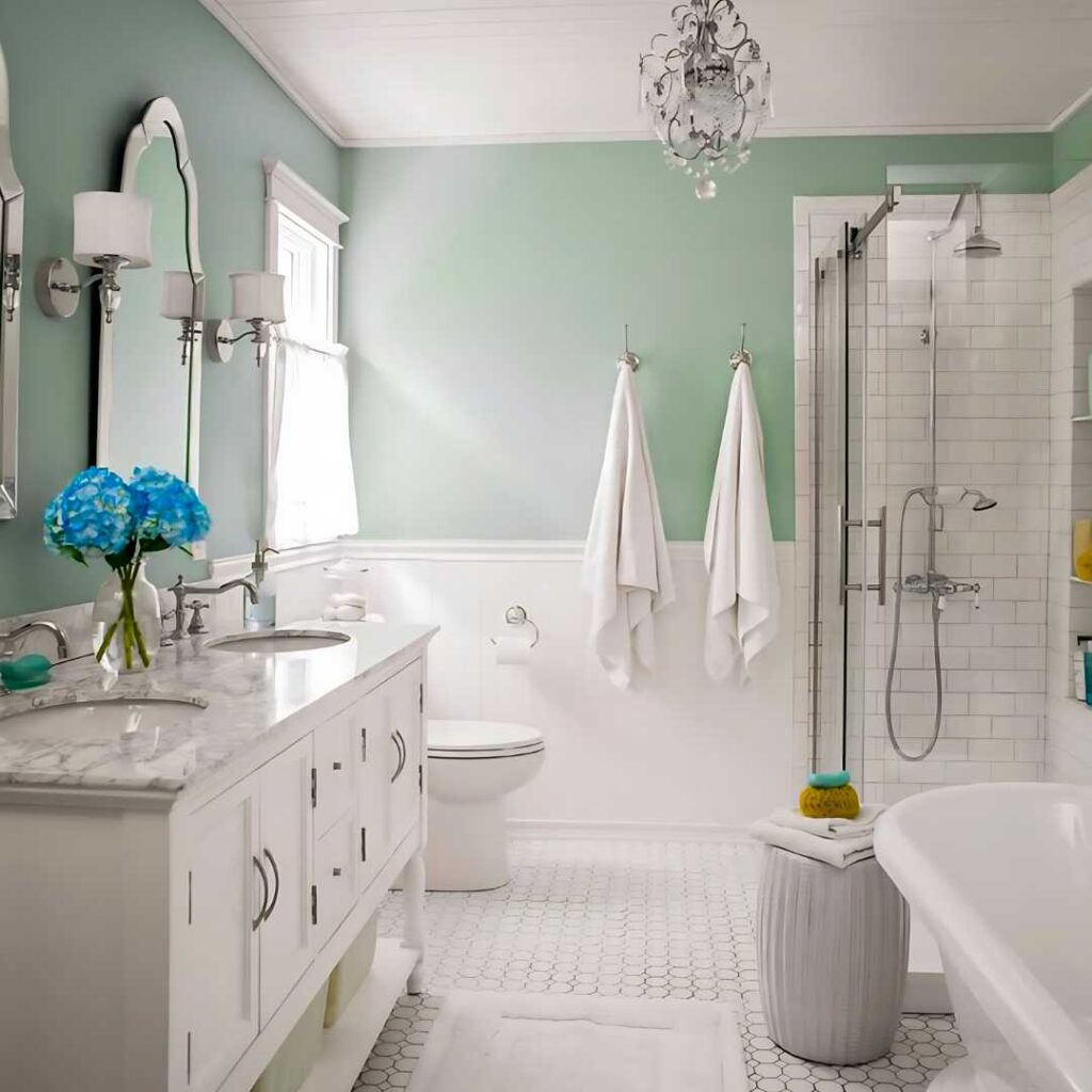 a bathroom with green wall and white bathtub and vanity