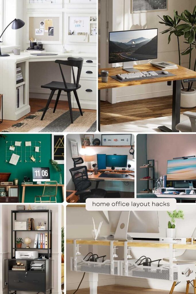 a pinterest pin about home office layout hacks