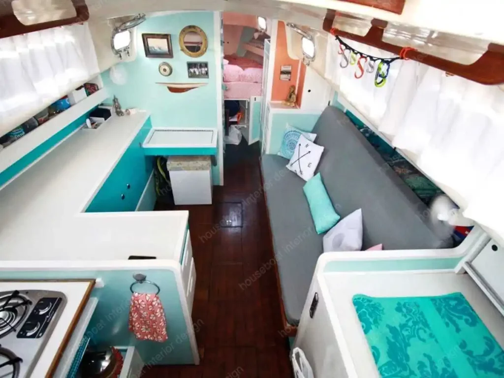 houseboat interior design with bright pastel colors