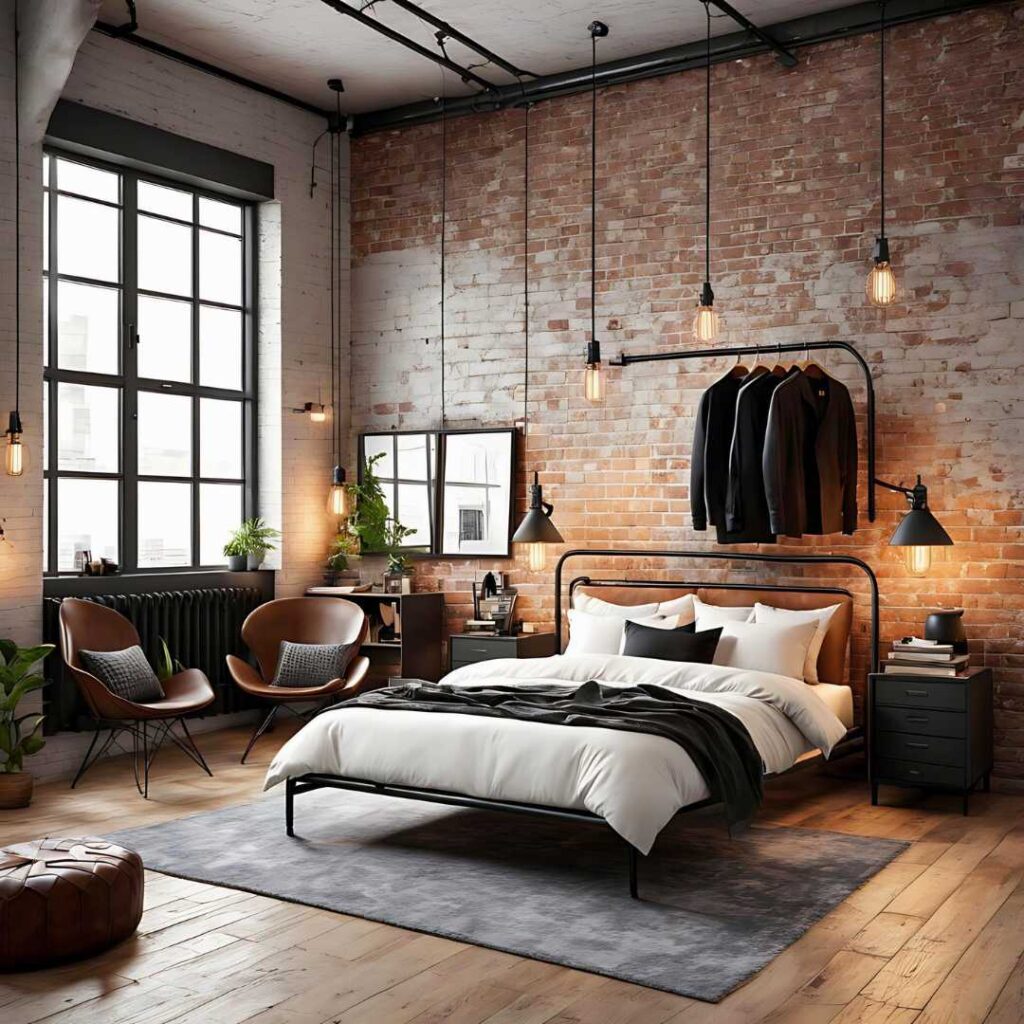 an industrial style bedroom