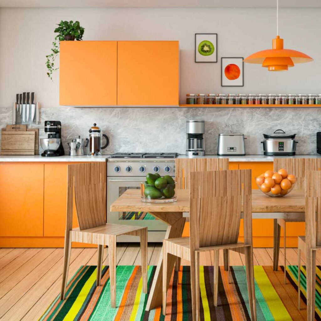 a kitchen design with bold colors