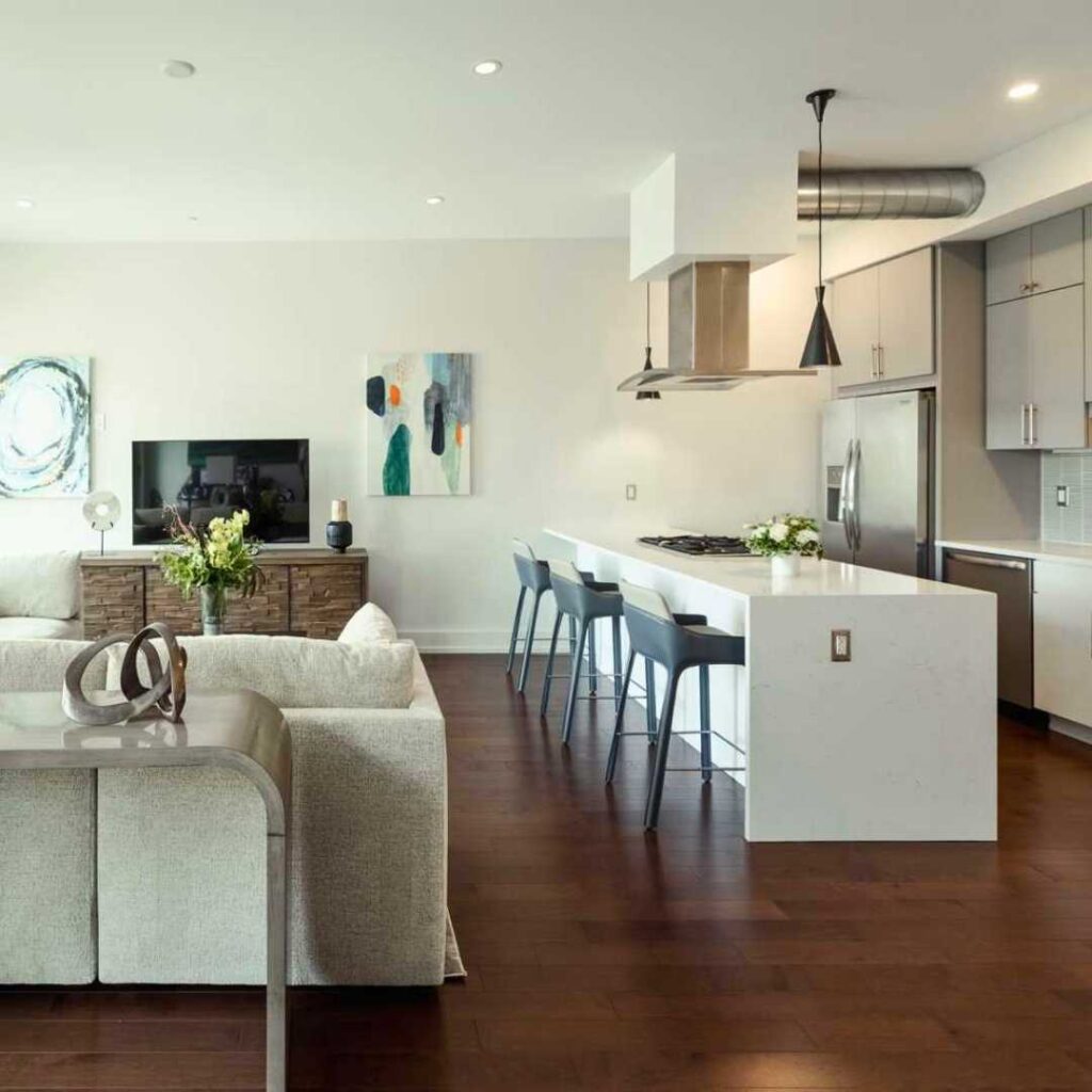 kitchen island and living room layout