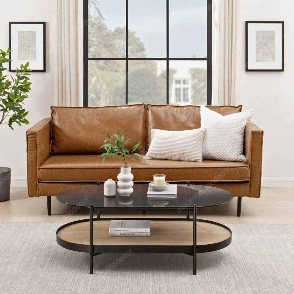 leather sofa with glass coffee table