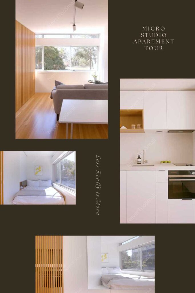 a pinterest pin about micro studio apartment tour