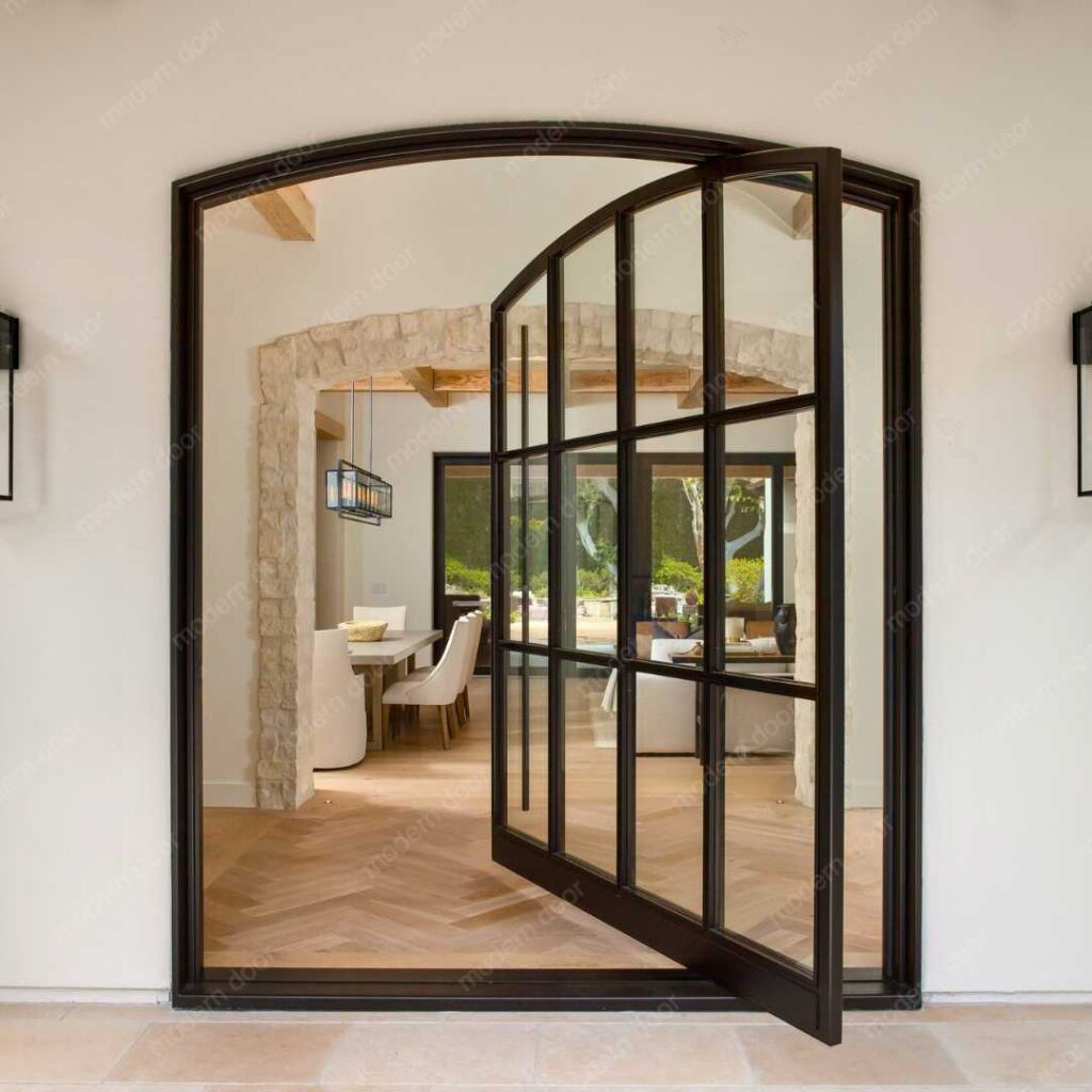 modern arched glass pivot door