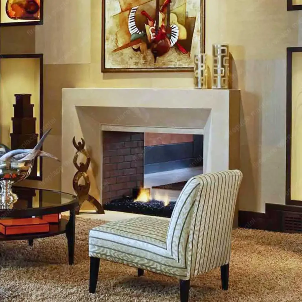 a white modern fireplace mantel