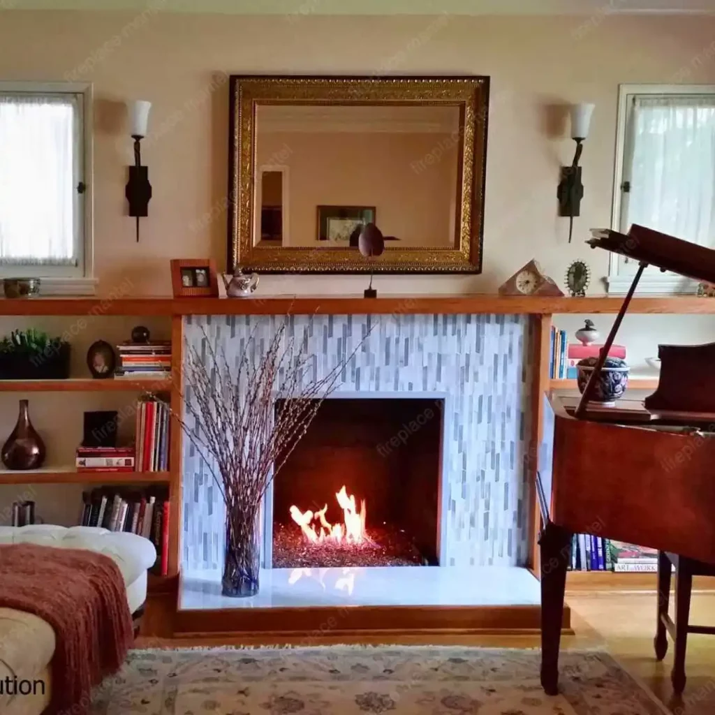 a modern firplace mantel with blue tile