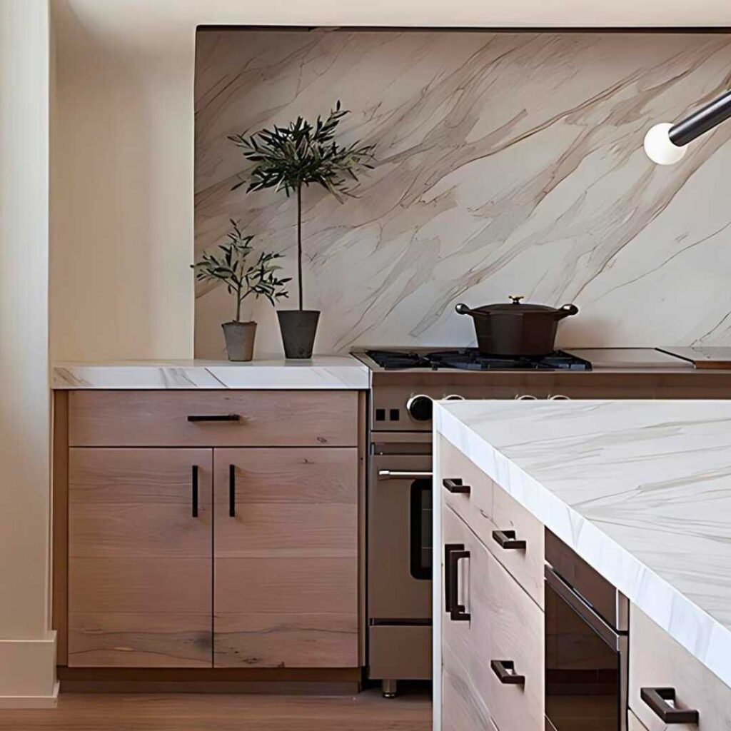 a kitchen with modern marble backsplash design