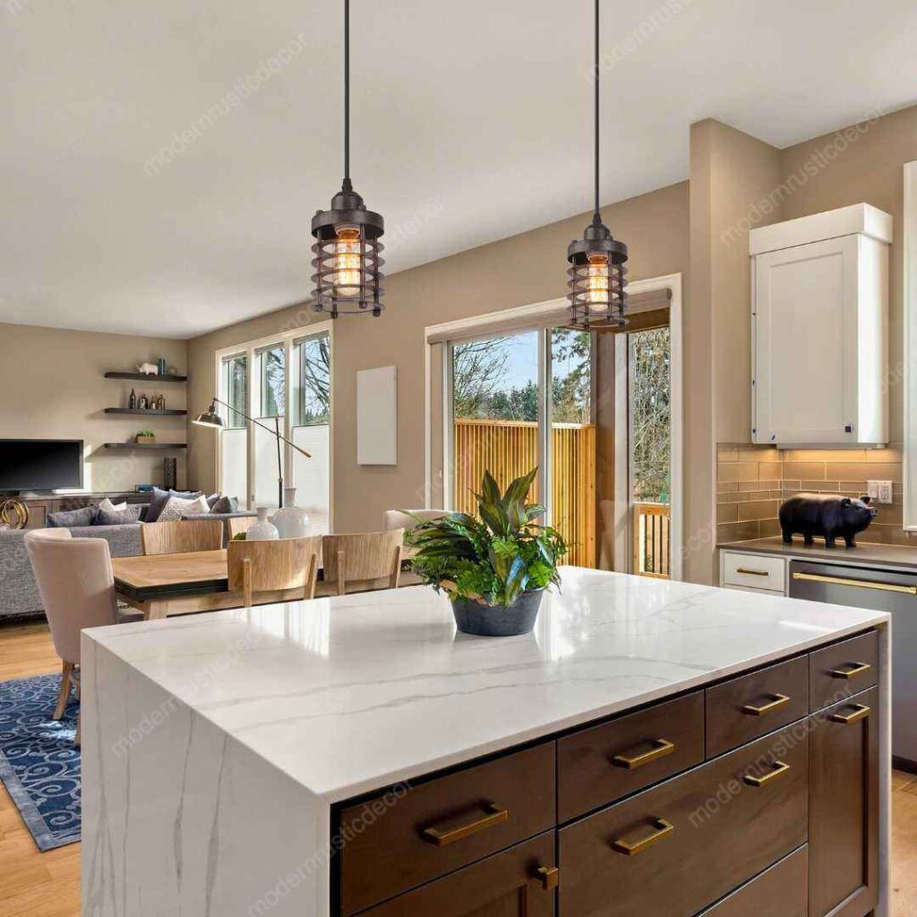 modern rustic kitchen with iron chandelier