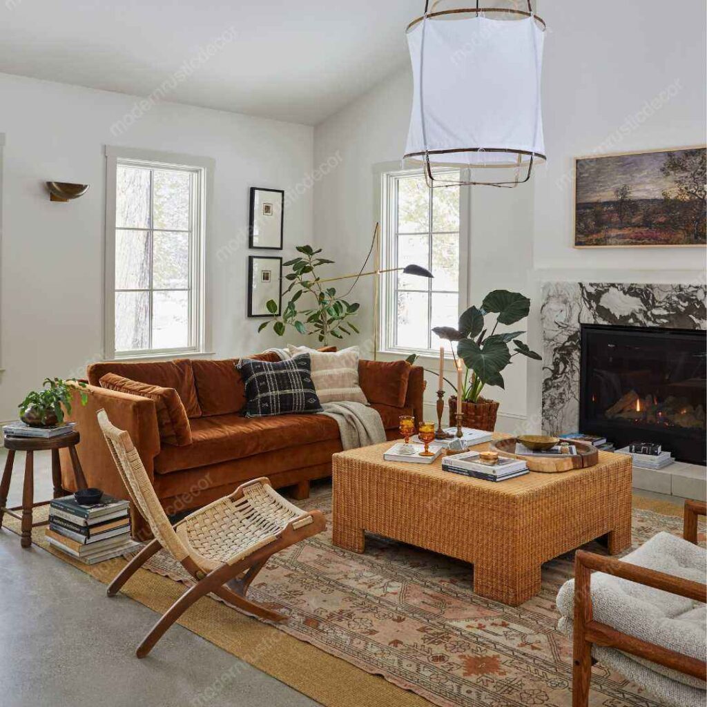 modern rustic living room with plants