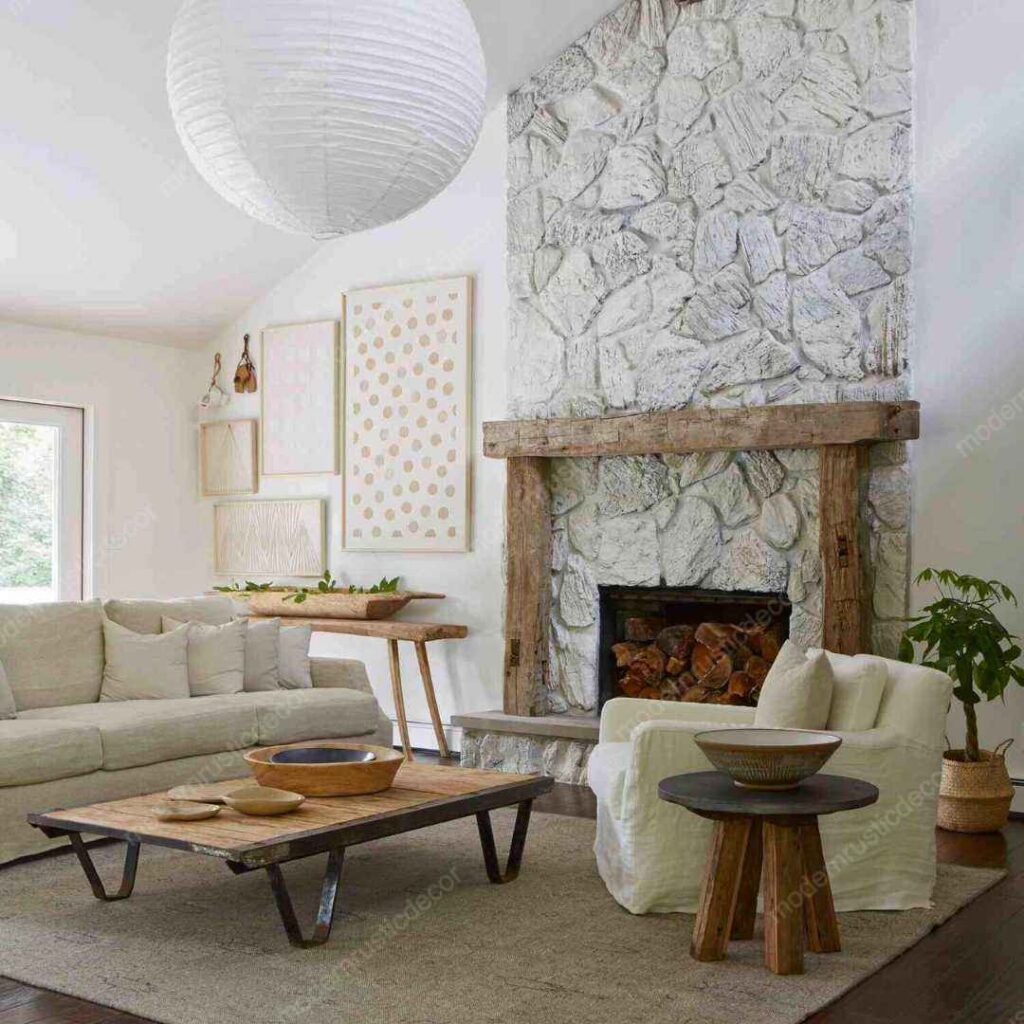 modern rustic living room with stone accented wall