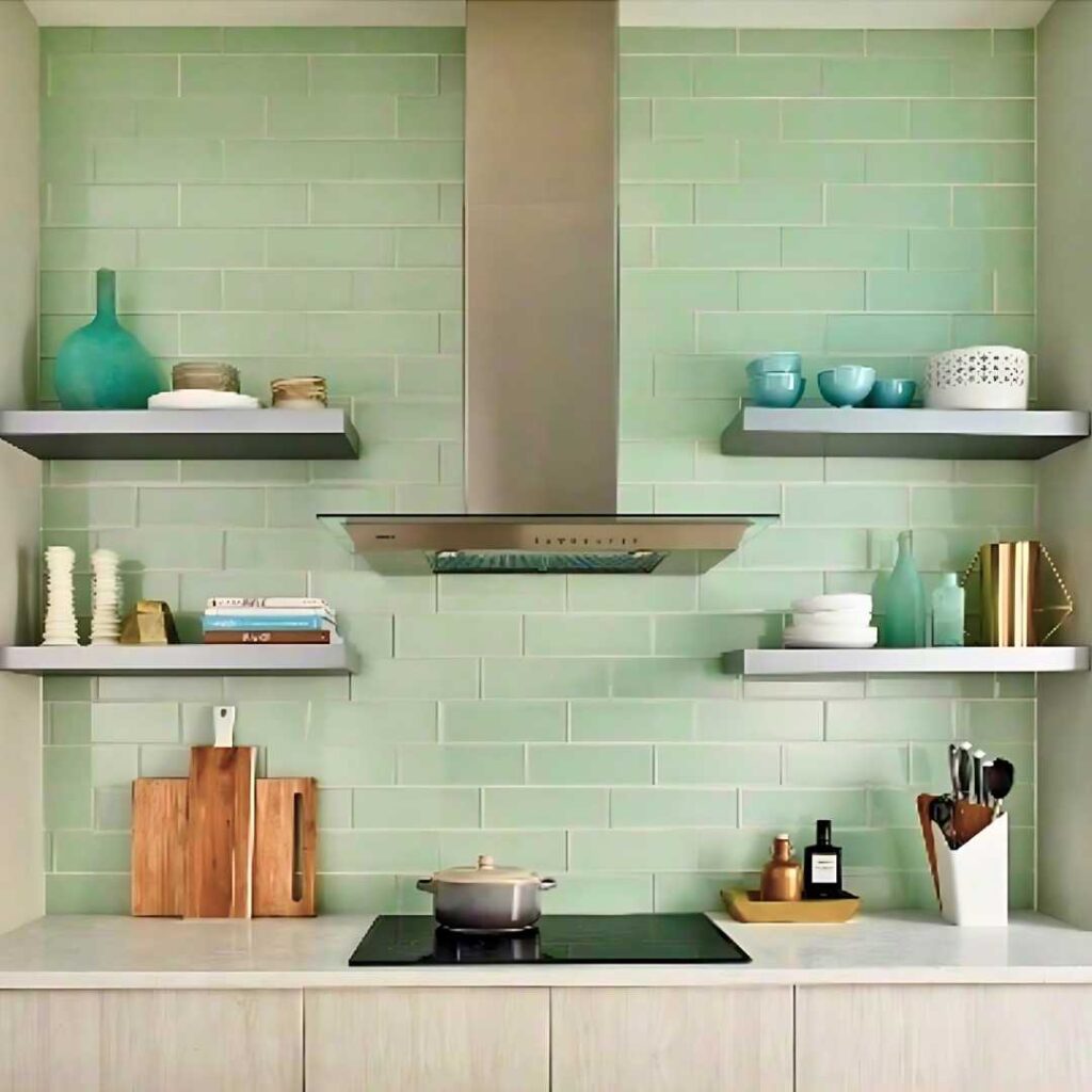 a kitchen with modern subway tile backsplash