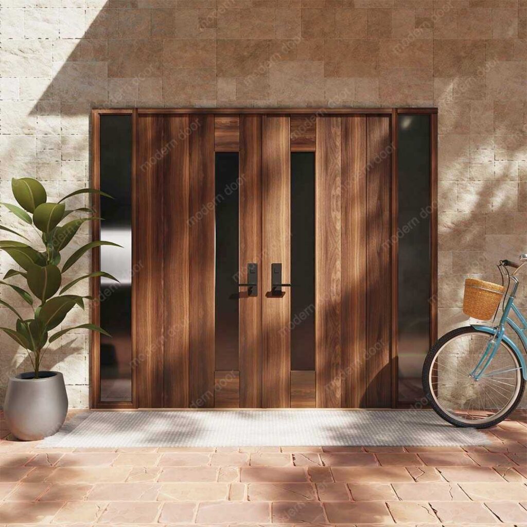 modern wood double front door with side windows