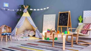 a playroom with a tent