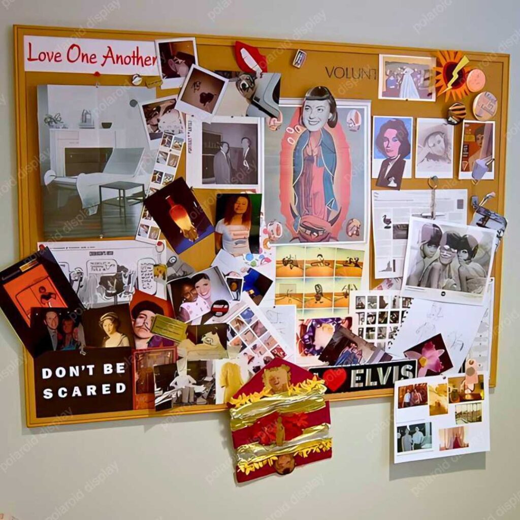 polaroid photo display with bulletin corkboard