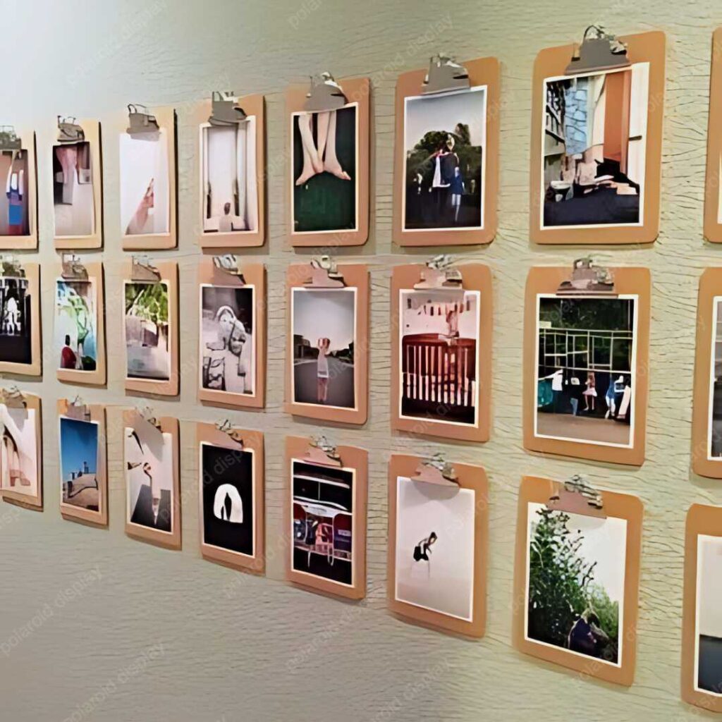 polaroid photo display with clipboard