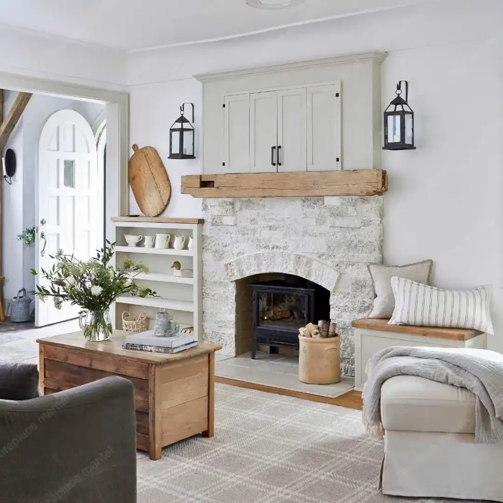 a white rustic fireplace mantel