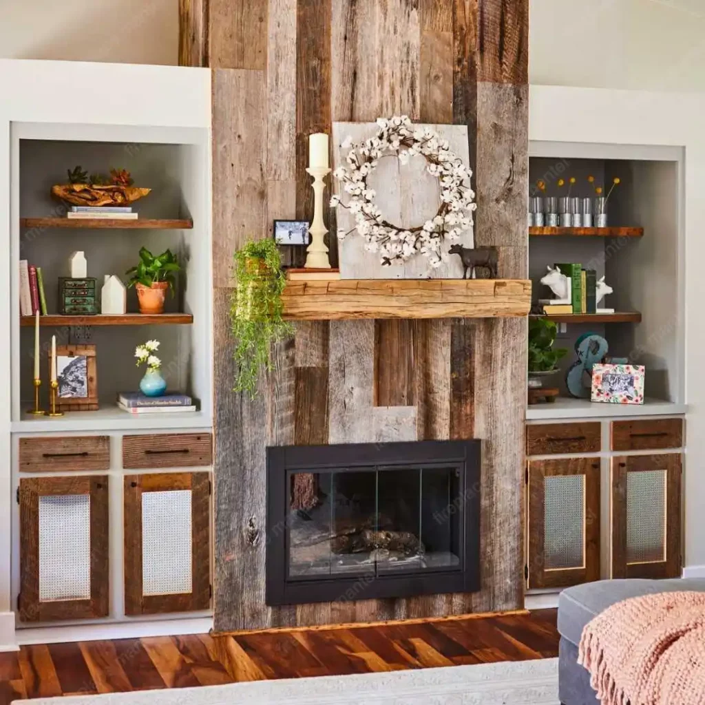 a wooden rustic fireplace mantel