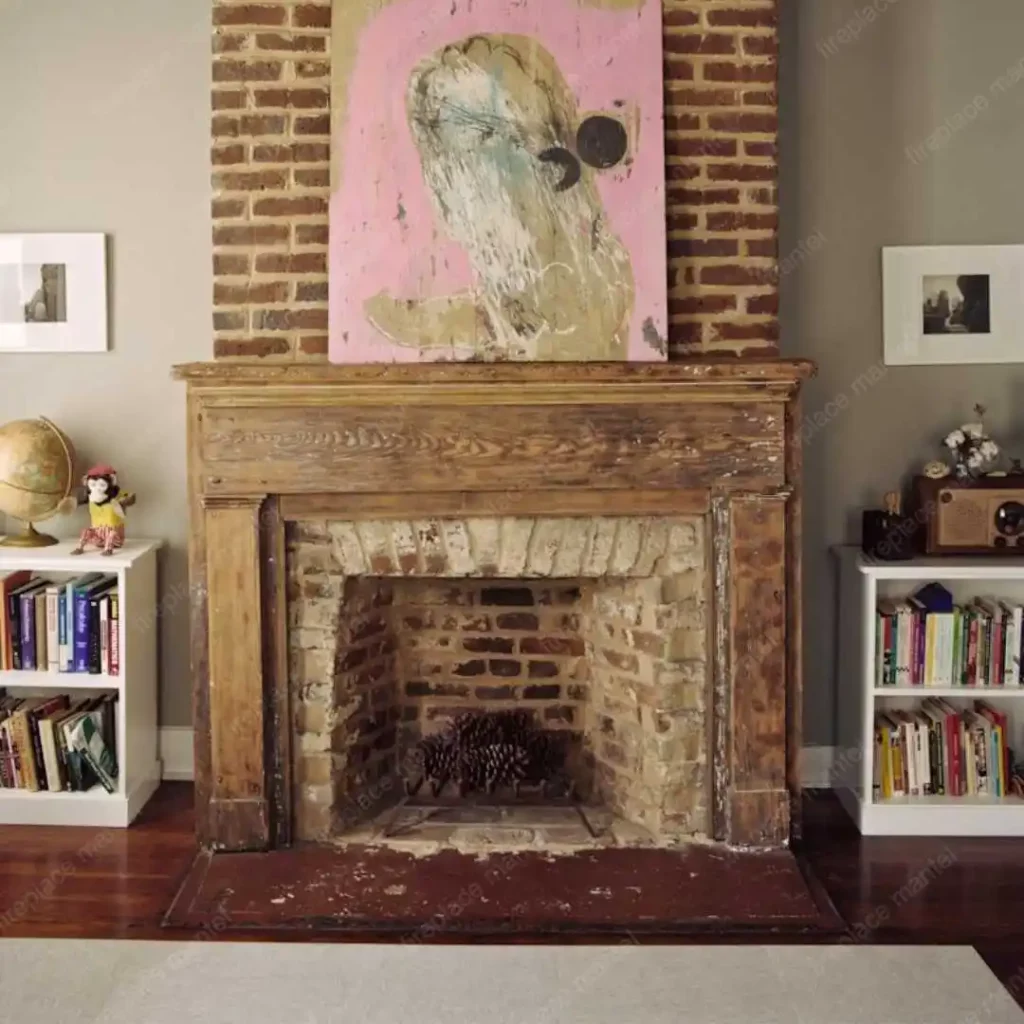 a wooden and brick rustic fireplace mantel