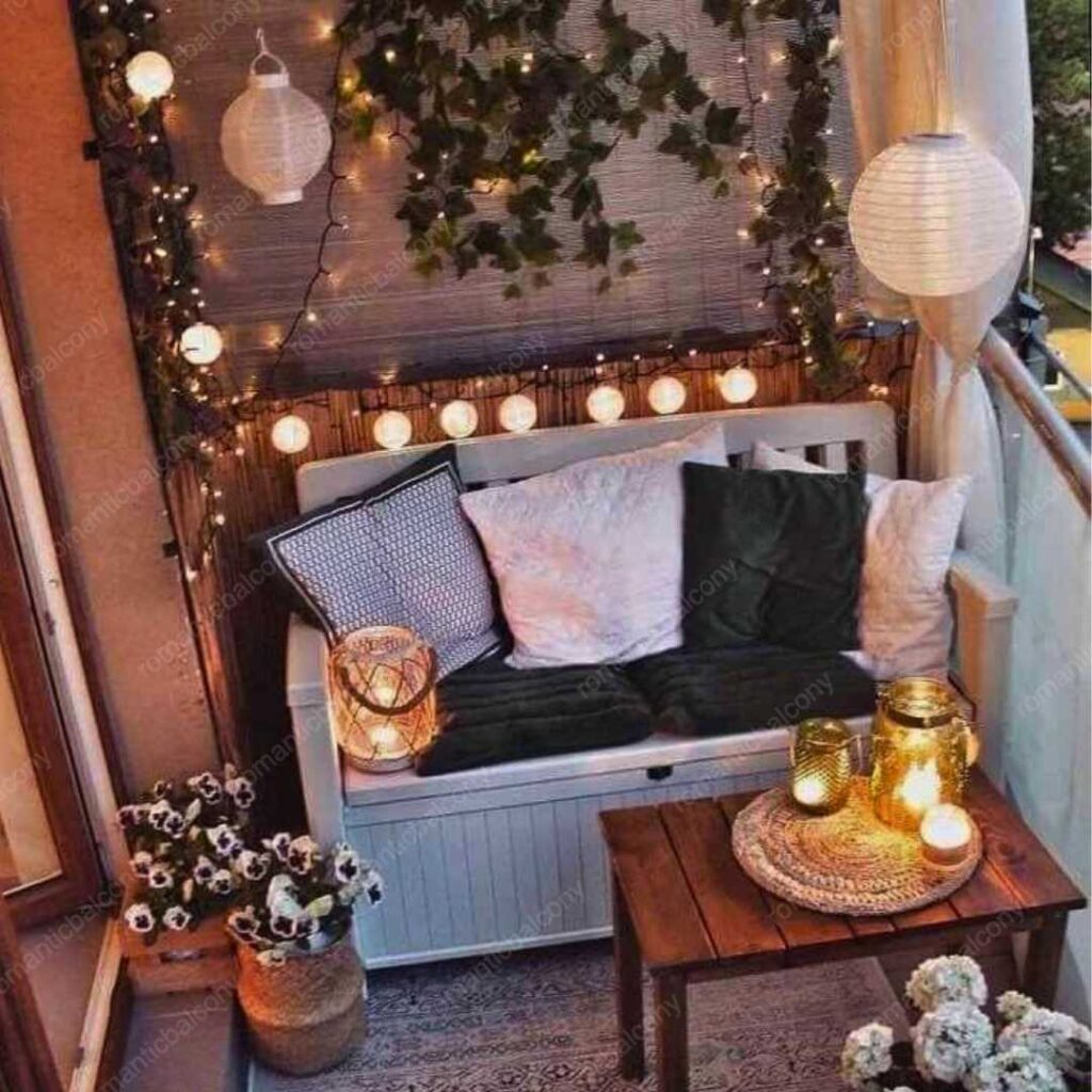 small balcony with String Lights and Lanterns