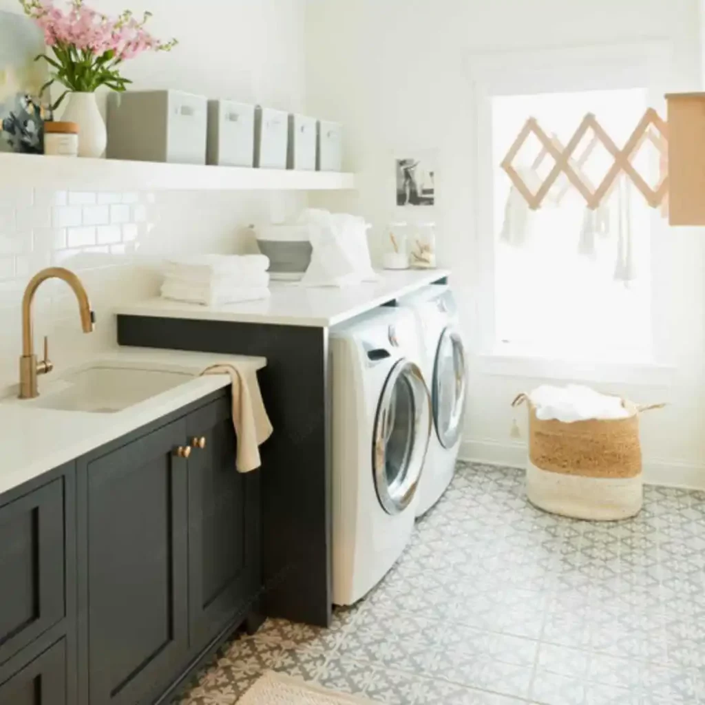 laundry room with black cabinets