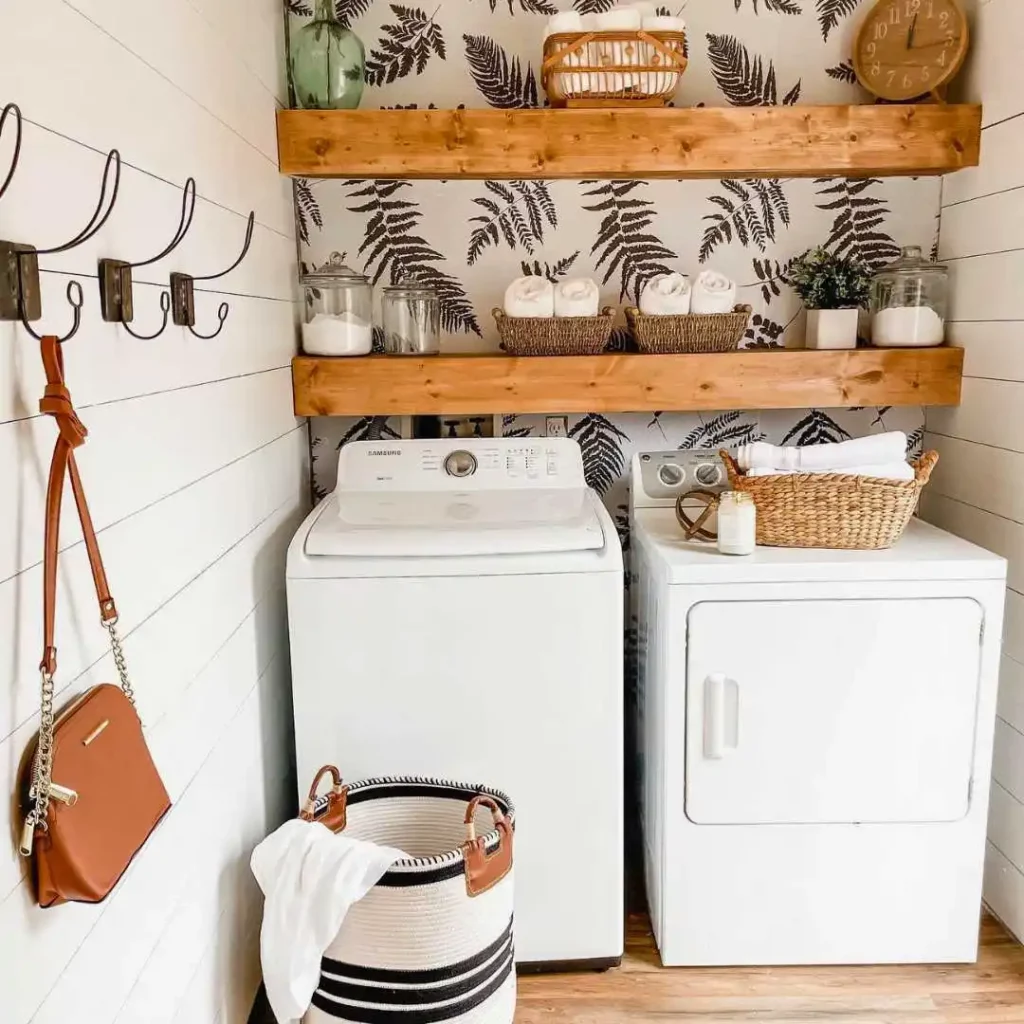 small laundry area with open shelves