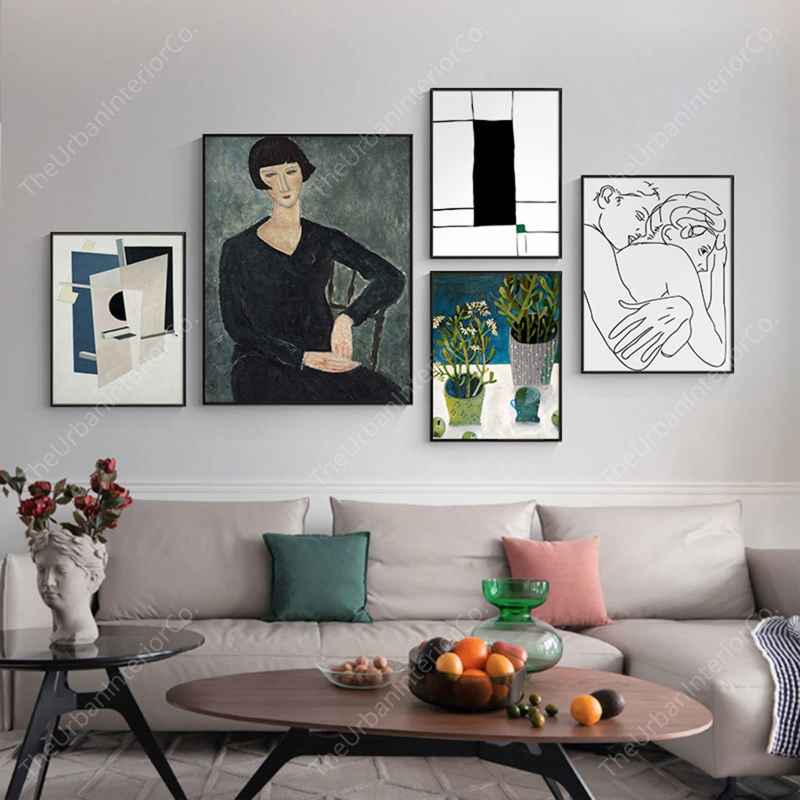 small living room with wall art