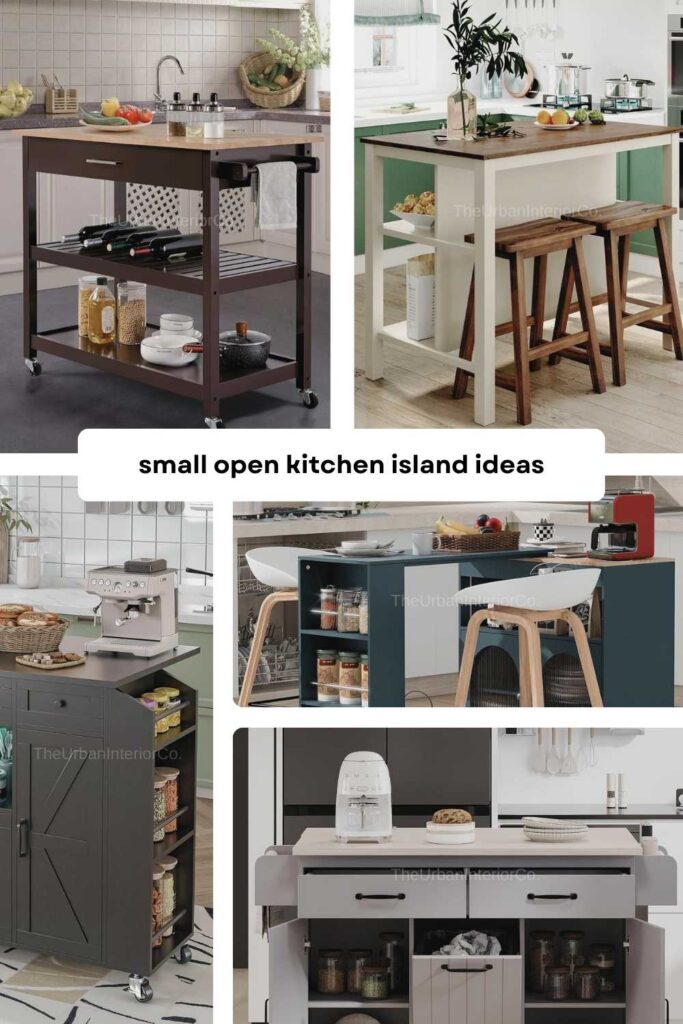 a pinterest pin about small open kitchen island ideas