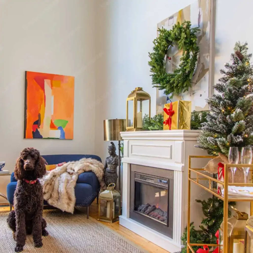 a traditional fireplace mantel with christmas decor